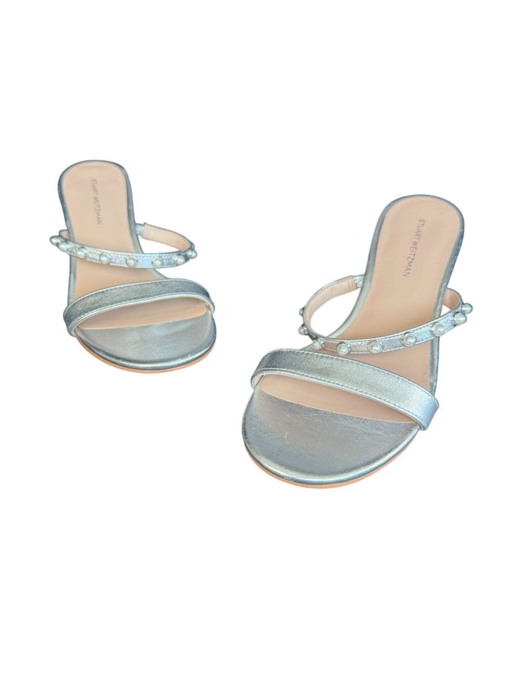 Stuart Weitzman Pearly Strap 50 Block Slide Sandals Silver, Size 6.5 WORN ONCE